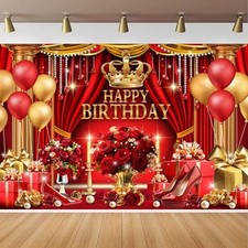 Red and Gold Birthday Backdrop for Happy Birthday Party Decorations, 5x3FT
