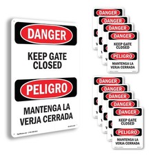 Keep Gate Closed Bilingual OSHA Danger Sign Metal, Plastic, Decal 5 or 10 Pack