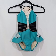 Reverence Performance Dance Leotard Kids YL Teal Polka Dot Peplum Mesh