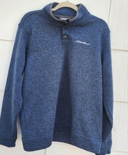 Eddie Bauer Men's L Blue Pullover Sweatshirt Mock Neck Button Fleece Logo