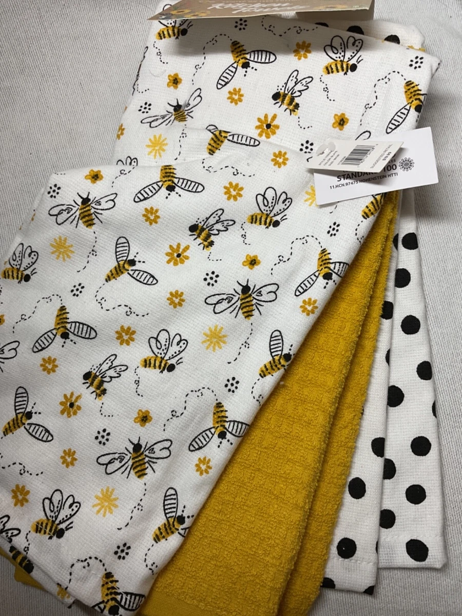 ENVOGUE KITCHEN TOWELS (3) BEES GOLD BLACK POLKA DOTS 100% COTTON NWT