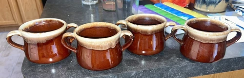 Set Of 4 Vintage McCoy Pottery HANDLED CHILI, SOUP MUG,  Brown Drip Glaze
