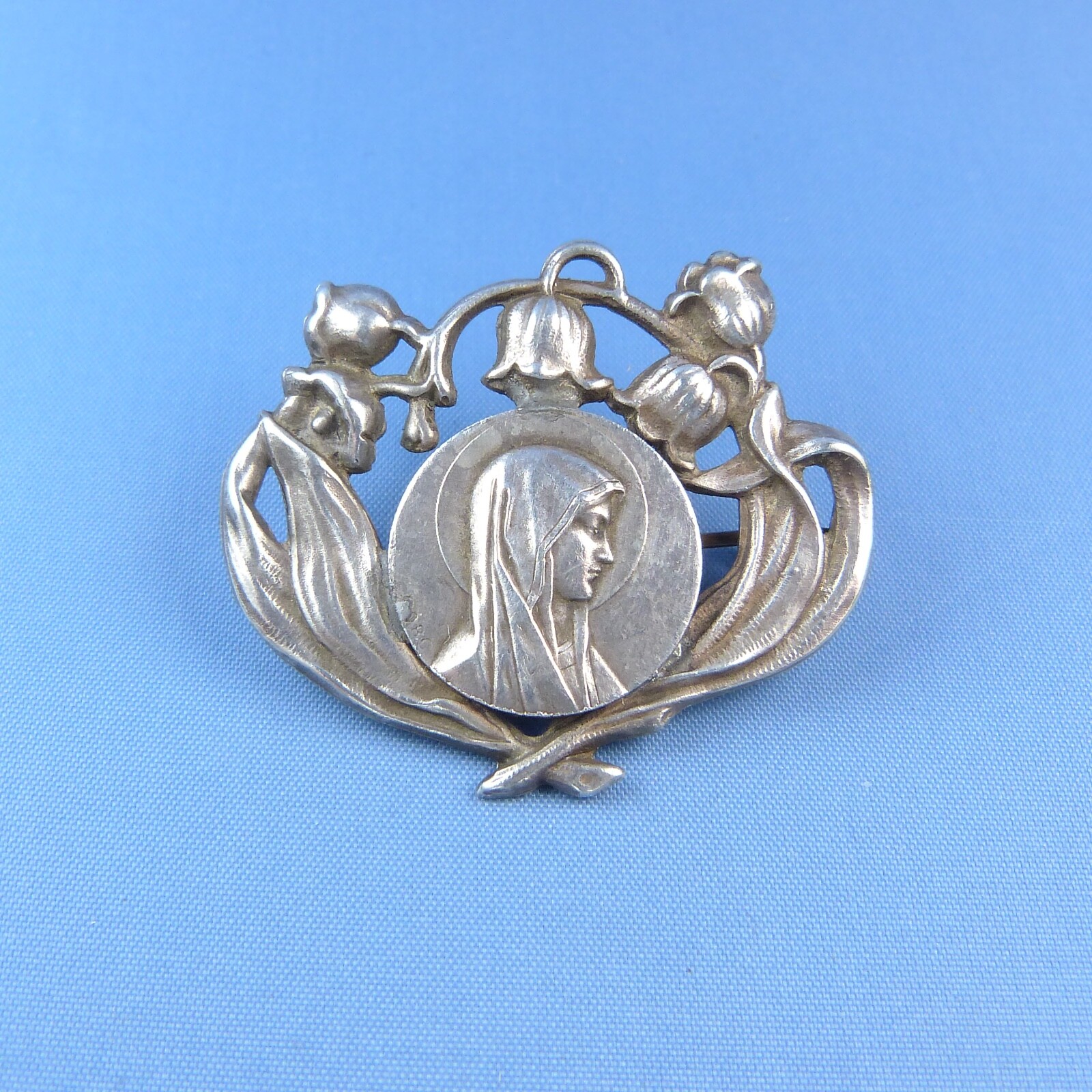 Art Nouveau Virgin Mary Brooch * Antique Sterling Silver Pin