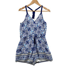 Adelyn Rae Romper Shorts Racerback Blue Drawstring Waist V- Neck Womens XS