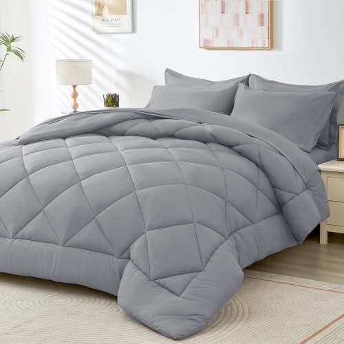 Comforter Set 7 Pieces, All Season Bed in a Bag Size, Soft Queen Light Gray-image