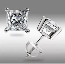 4.00 Ct Princess Cut FL/D Lab Created Solitaire Stud Earrings 14k White Gold 7mm