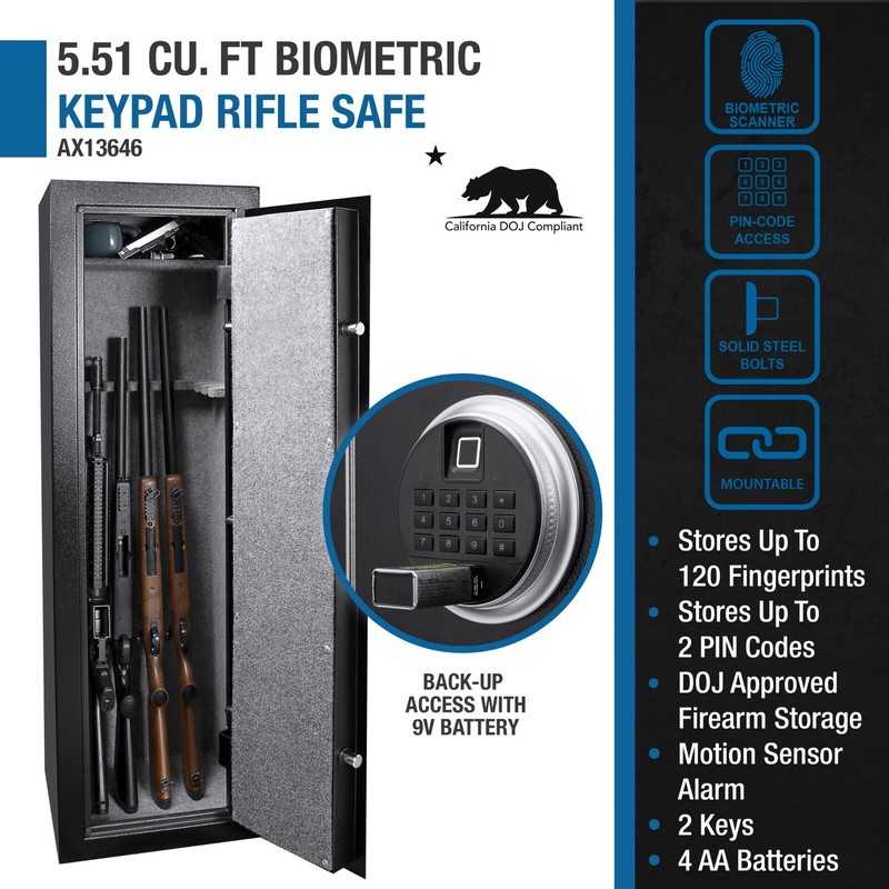 Barska DOJ Certified 10 Rifle Slots Biometric Fingerprint + Keypad Lock Safe