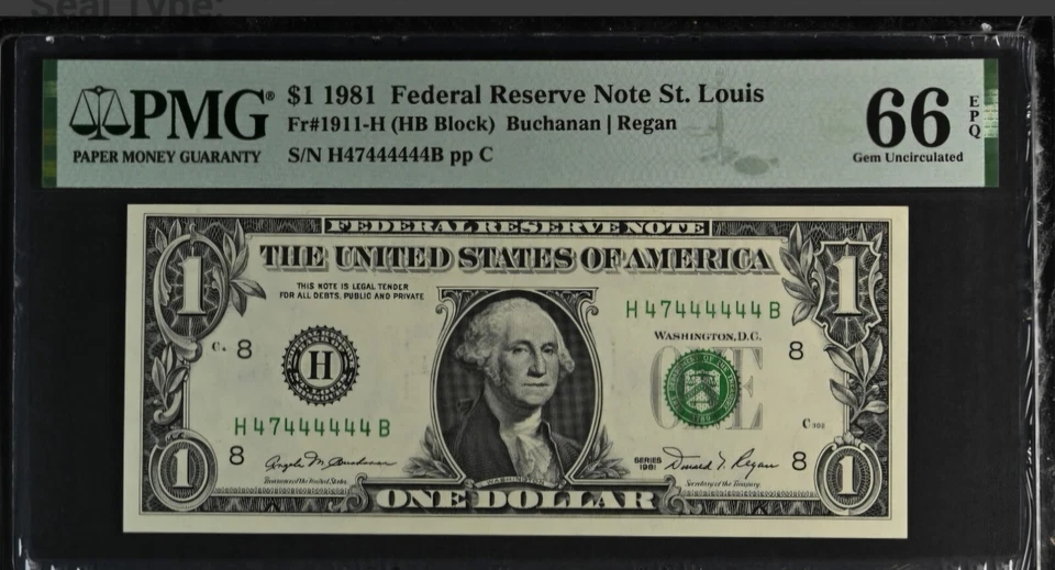 $1 Dollar Bill Binary Seven Of A Kind  Fancy Serial Numbers 4s PMG 66 Near Solid - Image 2 of 4