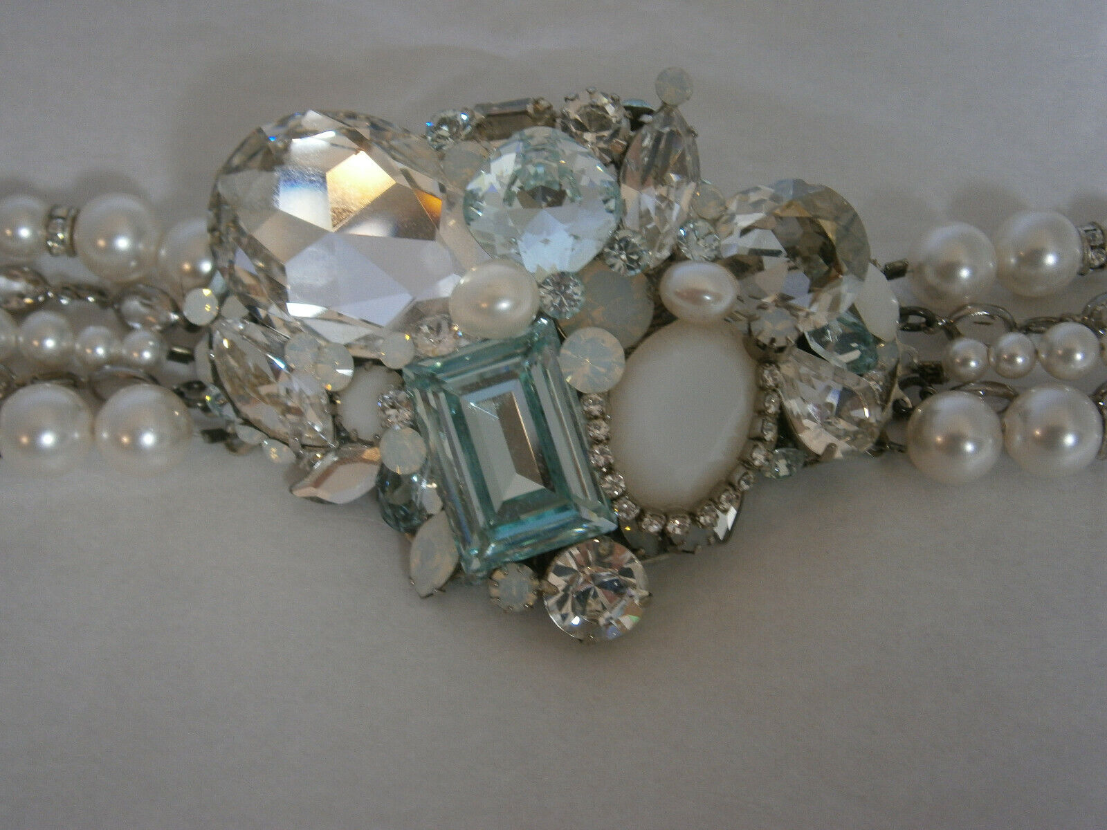 Haute Bride Statement Bracelet Swarovski Clear White Blue Pearls Sterling Silver