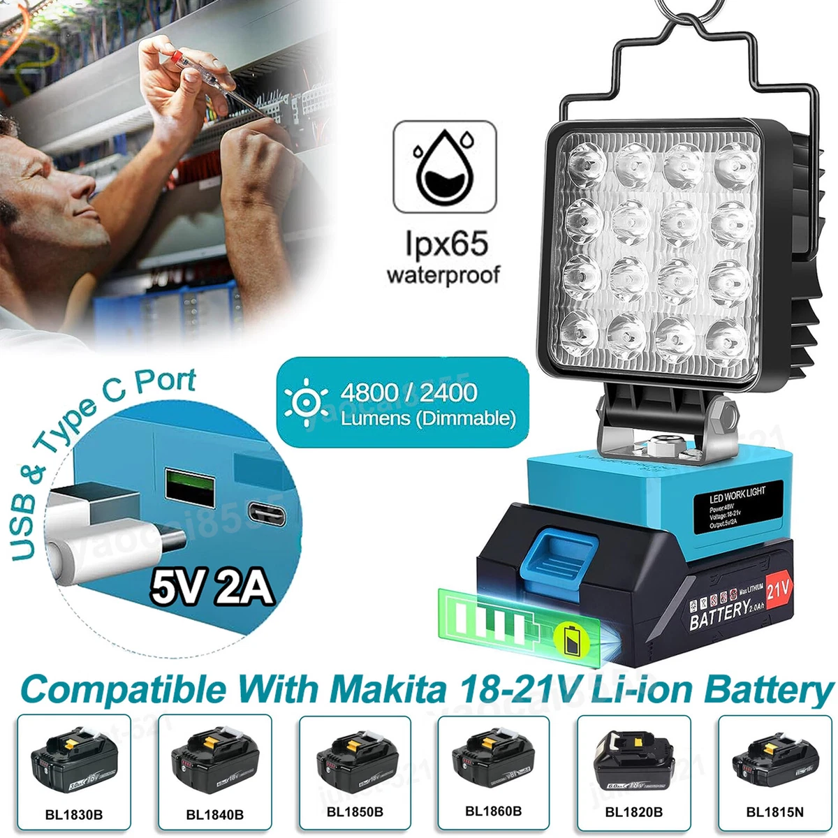 Cordless LED Work Light for Makita 20V Battery 48W Floodlight