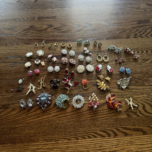 Vintage Mixed Costume Jewelry Earrings Collection Pairs Clip On Brooch Set Pin