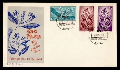 DR WHO 1964 SPANISH RIO MUNI FDC FLOWER STAMP DAY COMBO 1PTA R24817