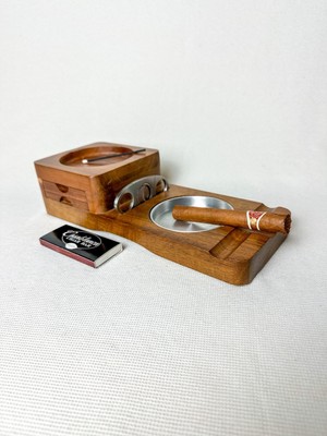 Wooden Cigar Ashtray Whiskey Glass Coaster Tray With Cigar Cutter Accessory Set