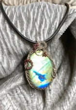 Huge Labradorite And Garnet Pendant Necklace Artisan Handcrafted