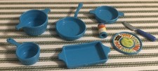 Vintage Barbie Kitchen Accessories Blue Pots Pans Utensils Foods Lot Doll Toys