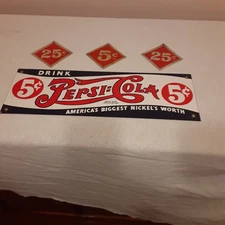 pepsi:cola 5 cent replica and 2-25 cent metal tags and 1- cent metal tag