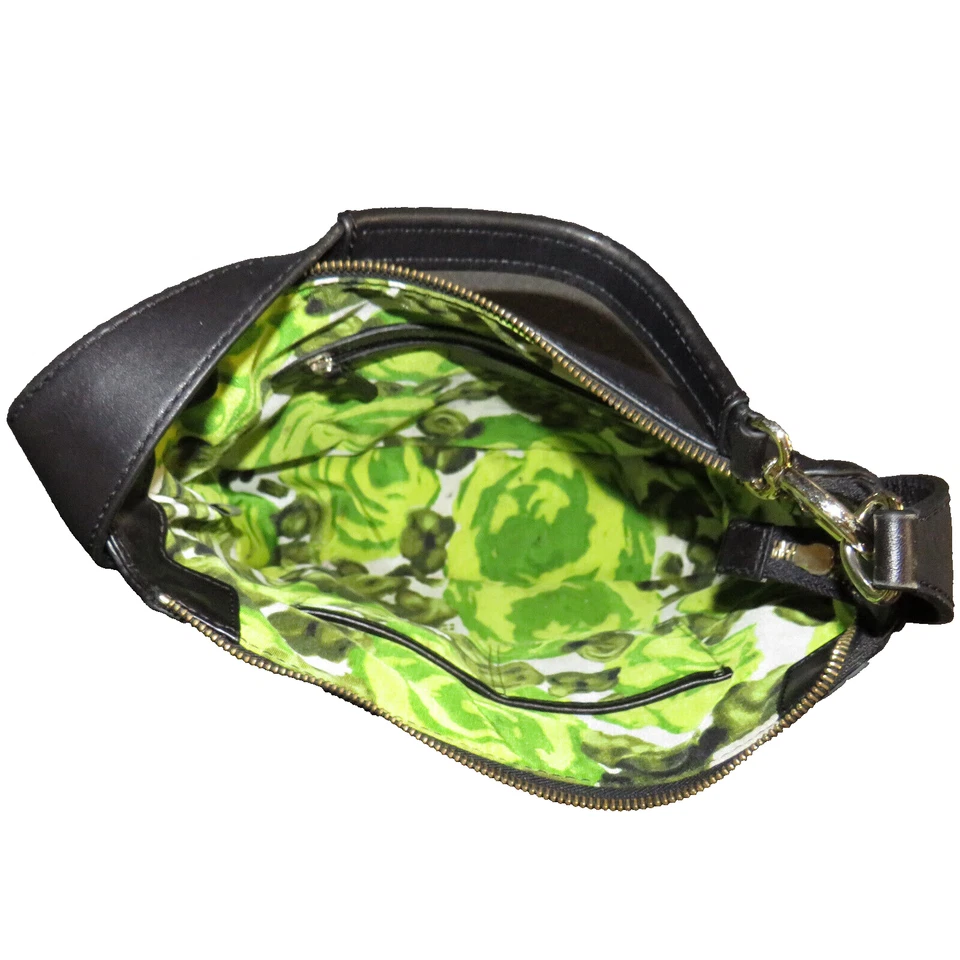 Bolso de Hombro Kate Spade Negro Frontal Solapa Cuero Hobo Cartera Verde Forro Floral Foto 2 de 4