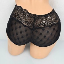 Vtg Sheer Mesh Panties Black Polka Dots Lace Hipster M L 6 7