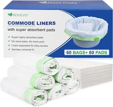 60 Pack Commode Liners with Absorbent Pads, 60 Bedside Commode Liners ...