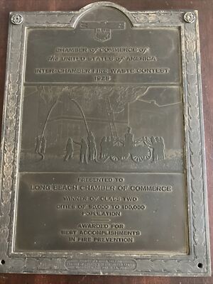 1926 Long Beach Fire Prevention Award Chamber Of Commerce HUGE BRONZE PLAQUE