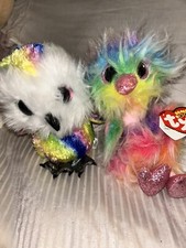 Ty Beanie Boos ASHA the Rainbow Ostrich Lumo Stars Stripes Owl NWT 2 Plush Lot