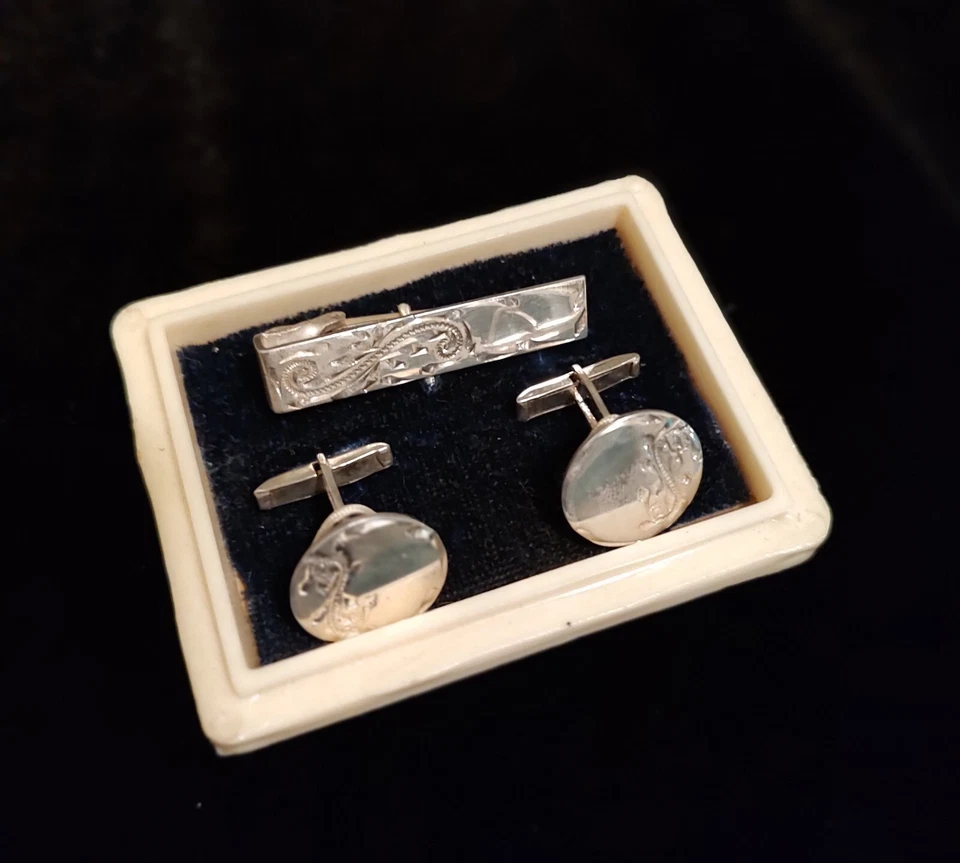 STERLING SILVER Elegant Vintage Cuff Links/Tie Clip In Original Box NICE! - Image 2 of 4
