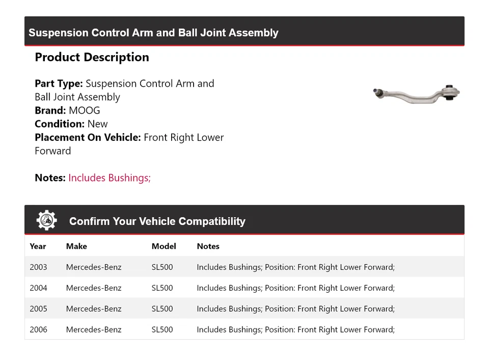 Brazo de control delantero derecho inferior delantero MOOG para Mercedes-Benz SL500 2003-2006 Foto 2 de 4