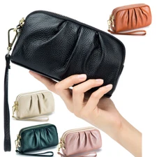 Wristlet Wallets for Womens Genuine Leather Purses Ladies Ruched Clutch Handbag