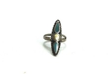 Silver Turquoise  Mother Of Pearl Inlay Long Ring, Size 6
