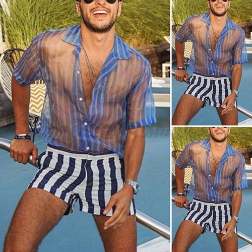 Striped Mesh Shirts Casual Beach 