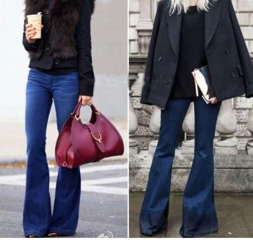 Vintage Hippe Womens Wide Leg Long Flared Bell Bottom Jeans Denim Trousers Pants - 第 2/12 張圖片