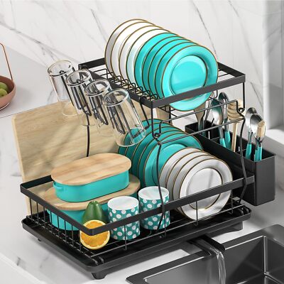 2-Tier Large Dish Drying Rack, Rustproof, Drainboard, Utensil & Cup Holder, Kitc