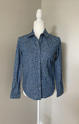 OODJI Denim Women Shirt Sz XS /2 Cotton Chambray Blue White Stars Snaps NWT