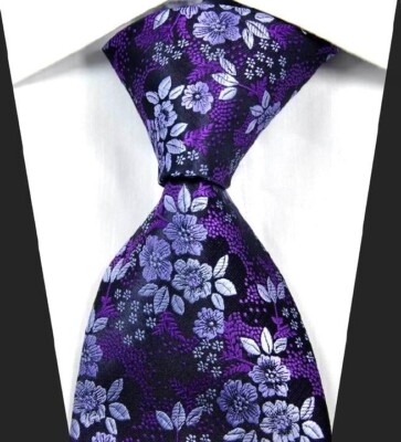 NEW CLASSIC FLORALS PURPLE WHITE JACQUARD WOVEN 100% SILK MEN'S TIE NECKTIE
