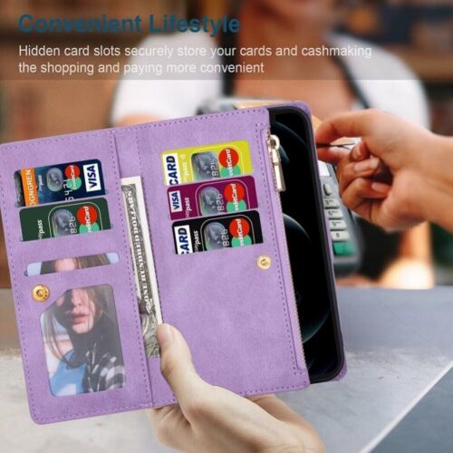For iPhone 16 15 14 13 12 11 Pro Max Plus Leather Zipper Wallet Case Flip Cover - Picture 15 of 73