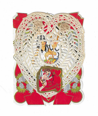 vintage 1936 Cupid on Lace red Greeting DEAR VALENTINE Card Boy & Girl  N
