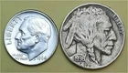 Lot of 2 Coins- 1 90% Silver Roosevelt 10c (1964P) & 1 Better Buffalo 5c (1936P)