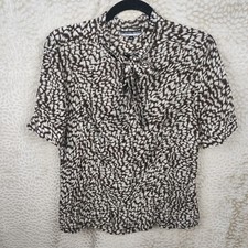 Austin Reed Y2K Womens Silk Brown White Blouse Top Button Up Tie Neckline Sz 14