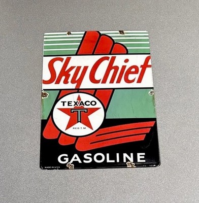 VINTAGE 18  1950 TEXACO SKY CHIEF PORCELAIN SIGN CAR GAS TRUCK OIL MOTORCYCLE