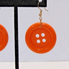 Orange Button Dangle Hook Earrings Teacher Folk Art Kitschy Crafter Sewing Gift