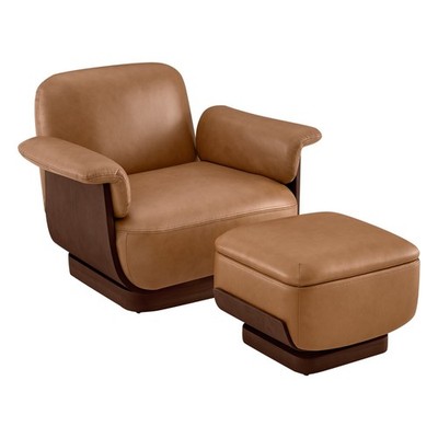 CHITA Genuine Leather Swivel Accent Chair w/ Storage Ottoman,Lounge Seat
