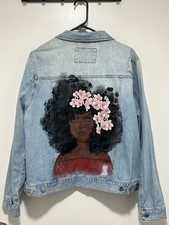 OOAK Custom Hand Painted Denim Jacket Distressed Floral Portrait Woman  s 2X
