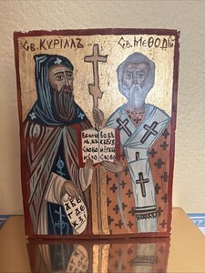 Vintage Saint Cyril and Methodius Orthodox Icon 6x4 Hand Painted W/Certificate