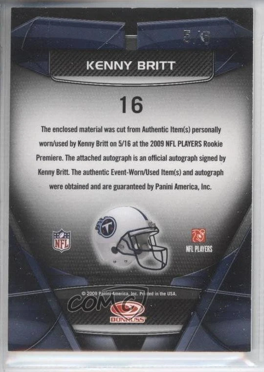 2009 Donruss Gridiron Gear Jerseys Signatures /5 Kenny Britt #16 Rookie Auto RC - Image 2 of 2