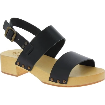 Sabot femme talon bois faits à la main avec bande en cuir noir semelle en cuir - Photo 1/4
