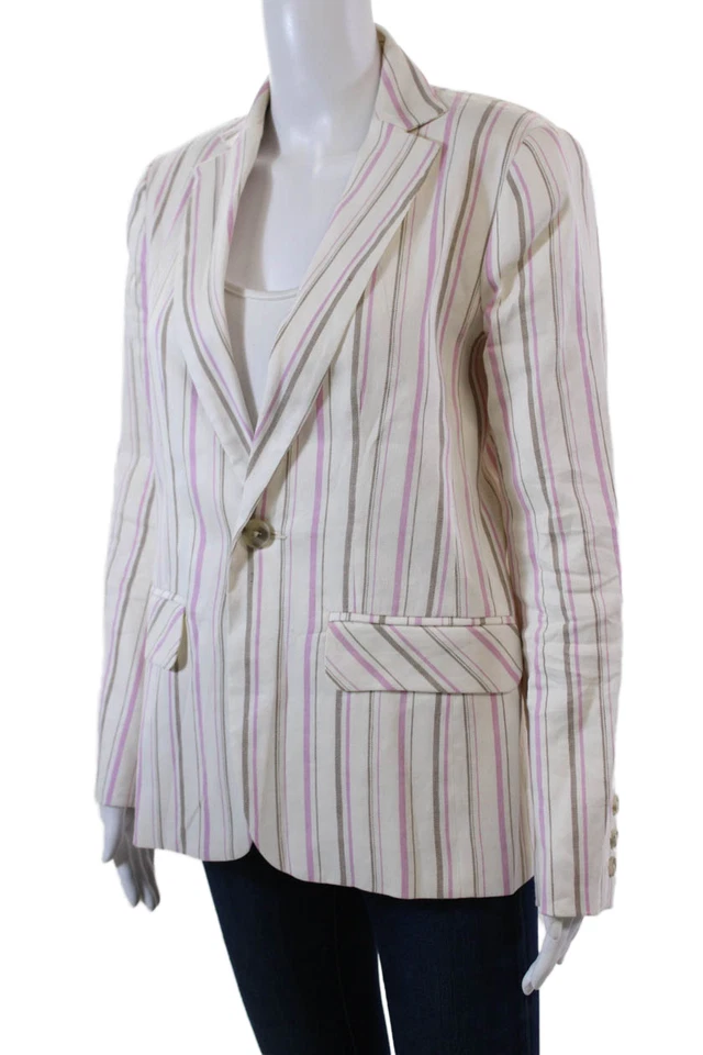 Blazer Trina Turk Mujer Lino Rayas Un Botón Forrado Blanco Rosa Talla 2 Foto 3 de 4
