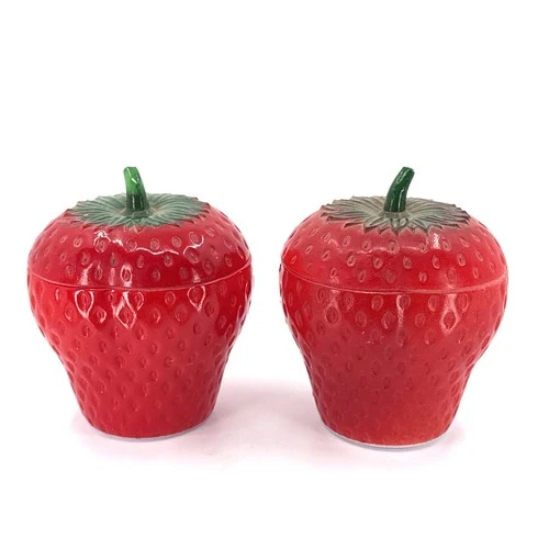 Set of 2 Vintage Painted Milk Glass Covered Strawberry Jam Jelly Jars Sugar Bowl