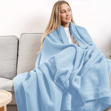 Pure Cotton, Luxury King Size Light Blue Blanket Herringbone Pattern, Lightweigh