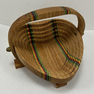 Vintage Collapsible Heart Handled Basket Wood - Deep Spring Studio Signed.  (h)