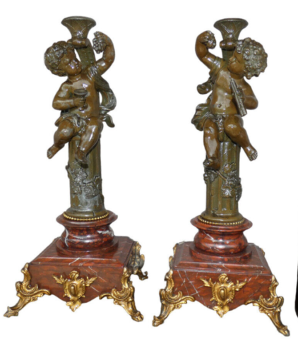PAR de candelabros antiguos franceses de metal putti querubín base de mármol raros - Imagen 1 de 12